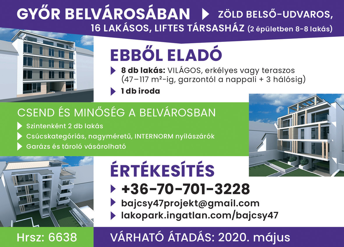 Győr belvárosában zöld belső-udvaros, 16 lakásos, Liftes társasház (2 épületben 8-8 lakás)
